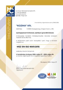 ISO 9001:2015 Tanúsítvány